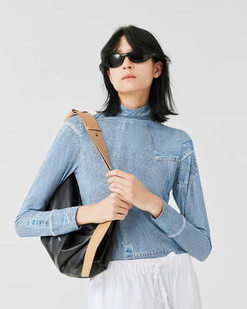 Denim Print Mesh Long Sleeve Top