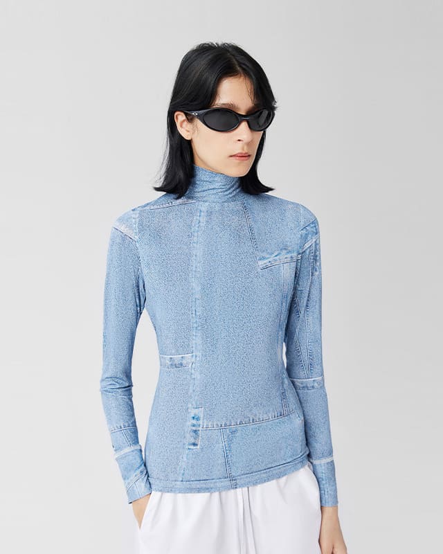 Denim Print Mesh Long Sleeve Top