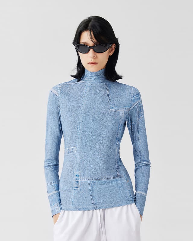 Denim Print Mesh Long Sleeve Top