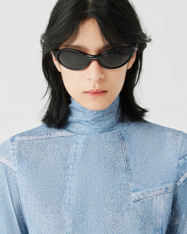 Denim Print Mesh Long Sleeve Top