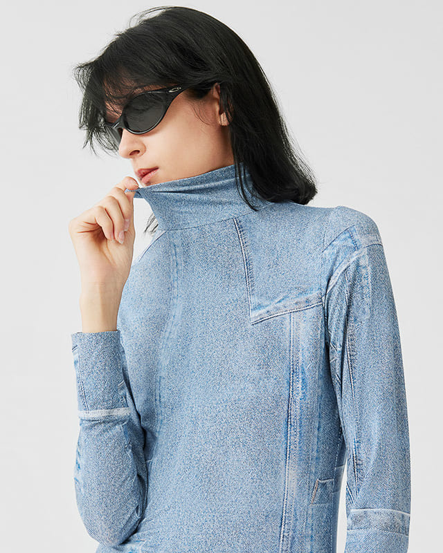 Denim Print Mesh Long Sleeve Top