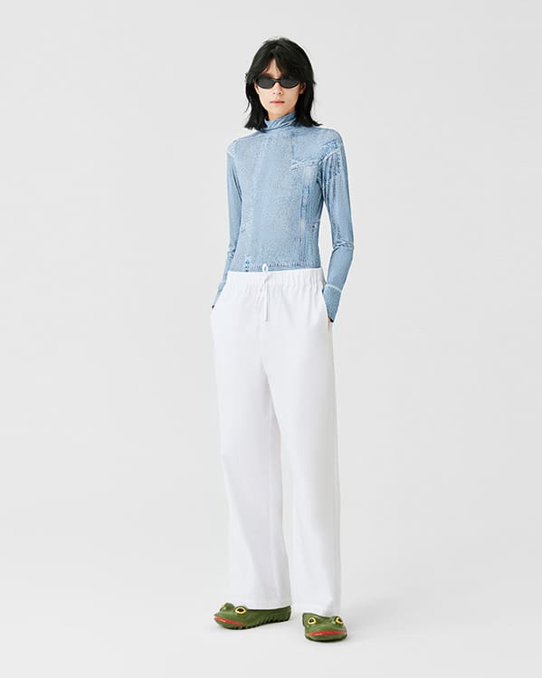 Denim Print Mesh Long Sleeve Top