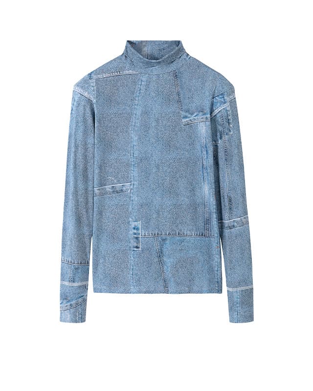 Denim Print Mesh Long Sleeve Top
