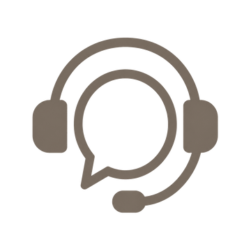 A minimalist brown icon of a headset with a speech bubble, representing customer service or communication, centered on a plain white background.