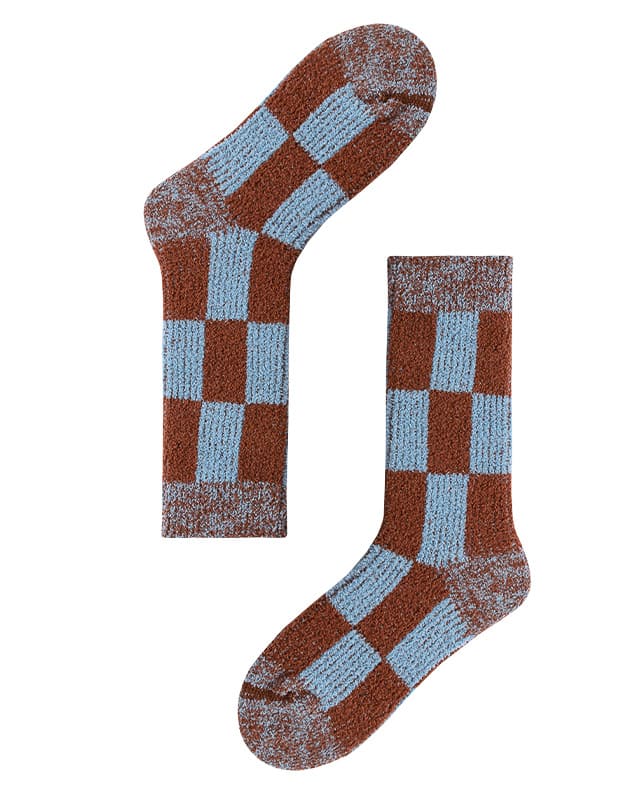 Cozy Brown-Blue Check Knit Crew Socks