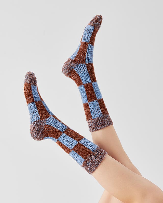 Cozy Brown-Blue Check Knit Crew Socks