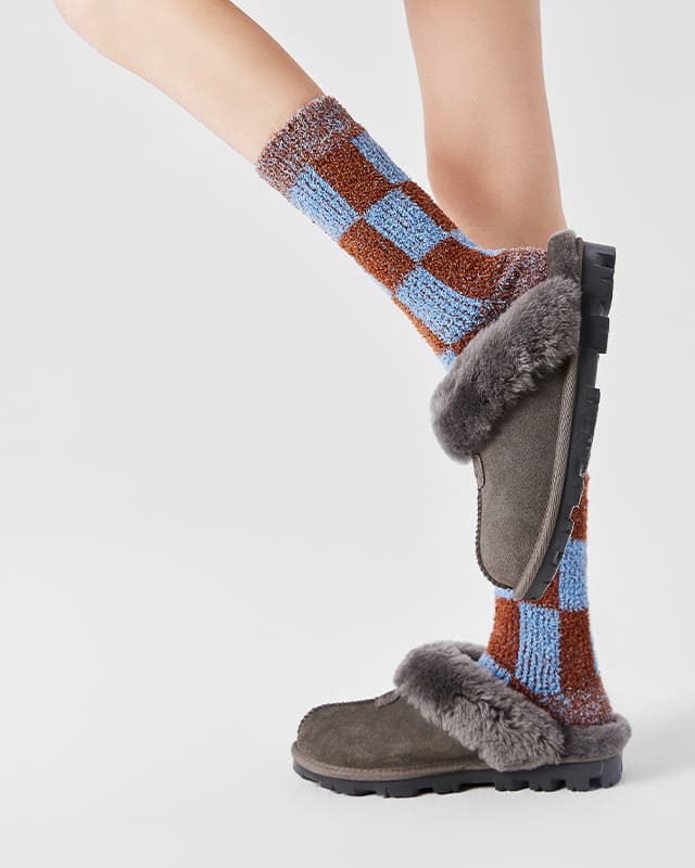 Cozy Brown-Blue Check Knit Crew Socks