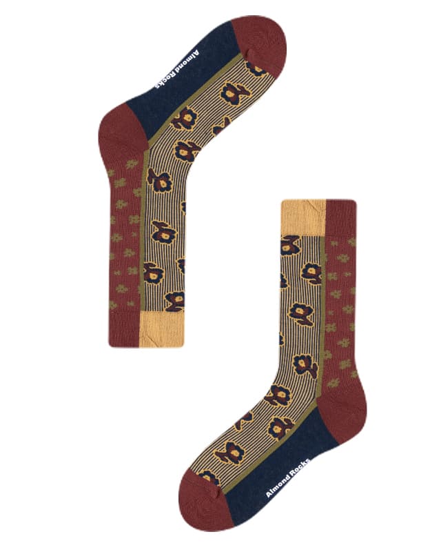 Retro Red-Yellow Patterned Cotton Crew Socks