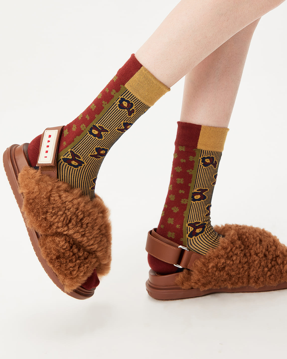 Retro Red-Yellow Patterned Cotton Crew Socks