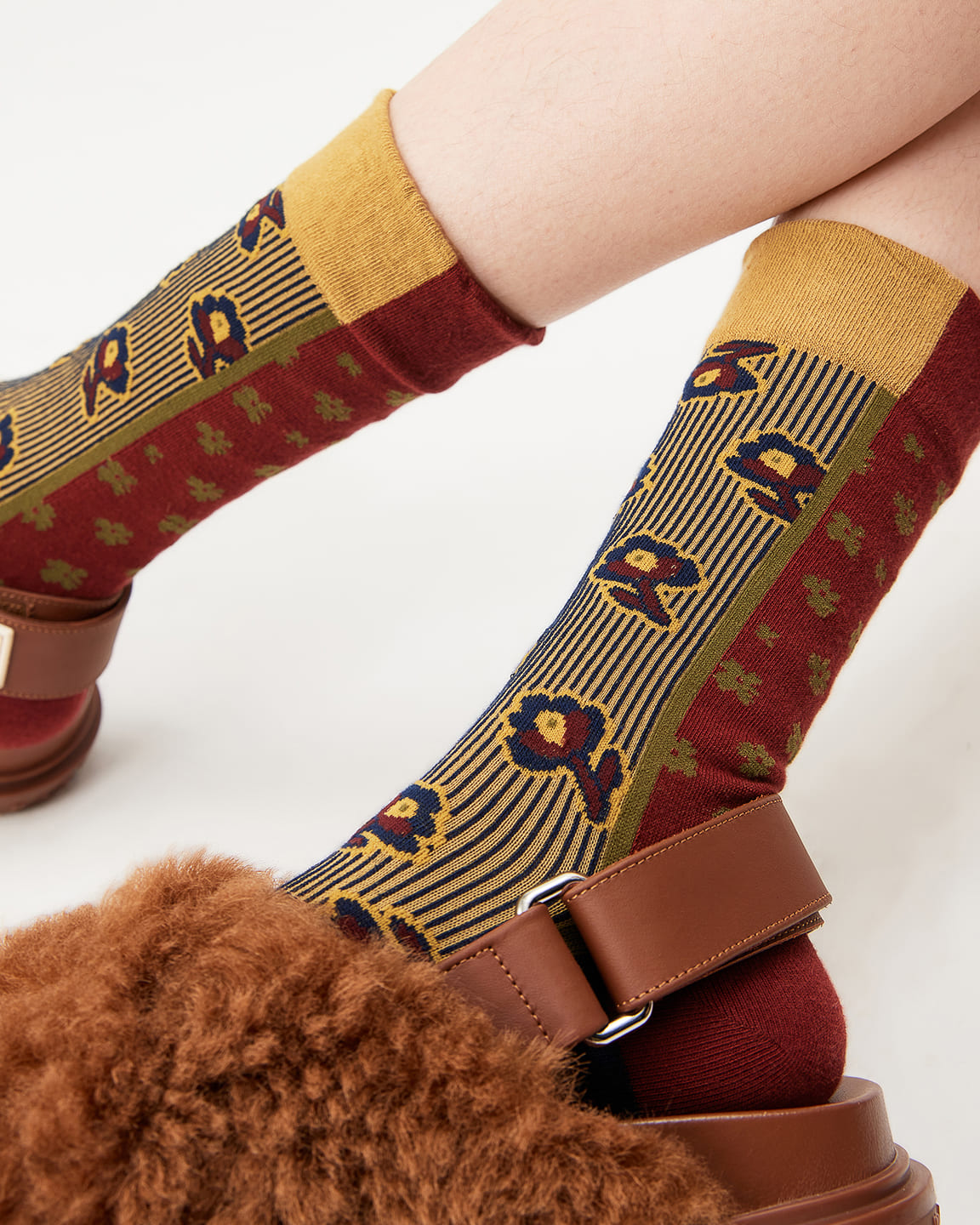 Retro Red-Yellow Patterned Cotton Crew Socks