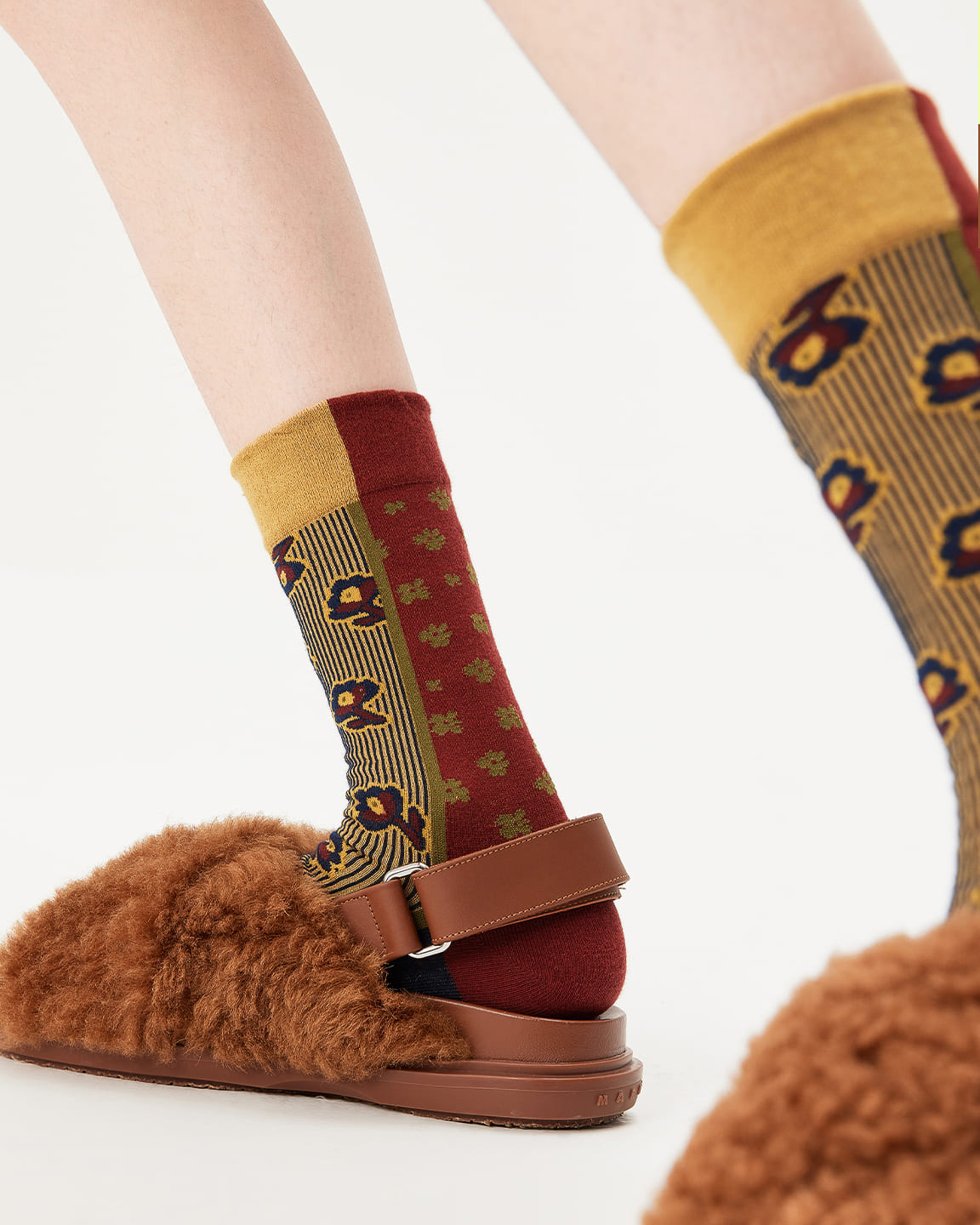 Retro Red-Yellow Patterned Cotton Crew Socks