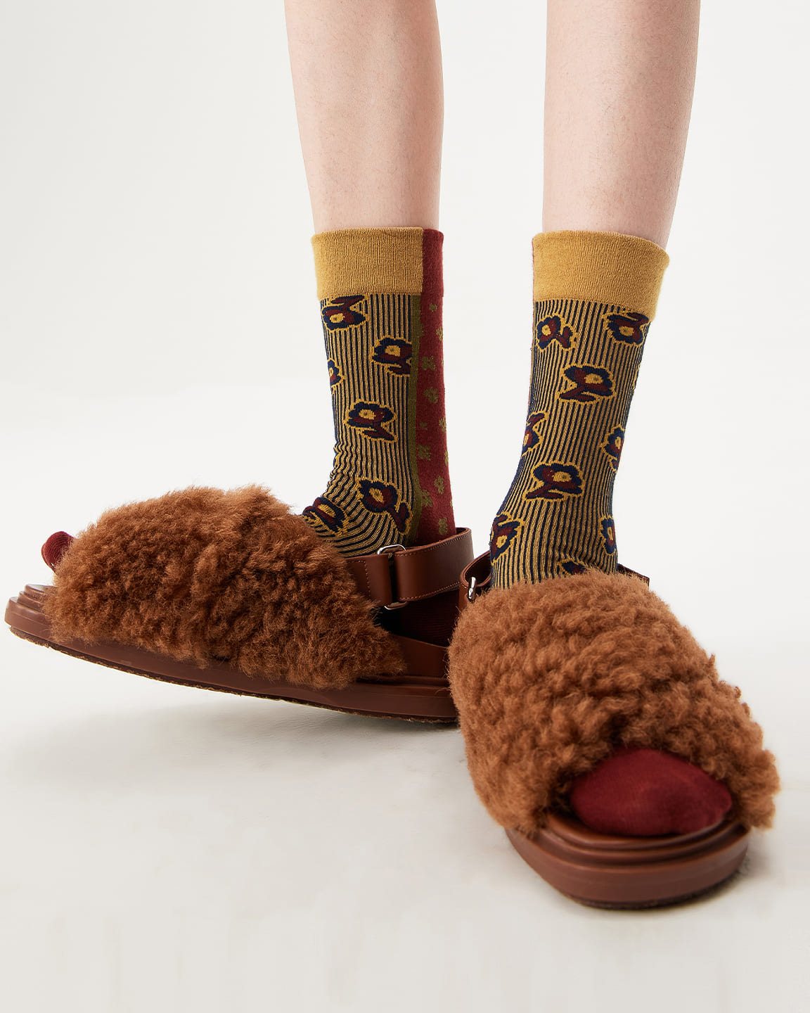 Retro Red-Yellow Patterned Cotton Crew Socks