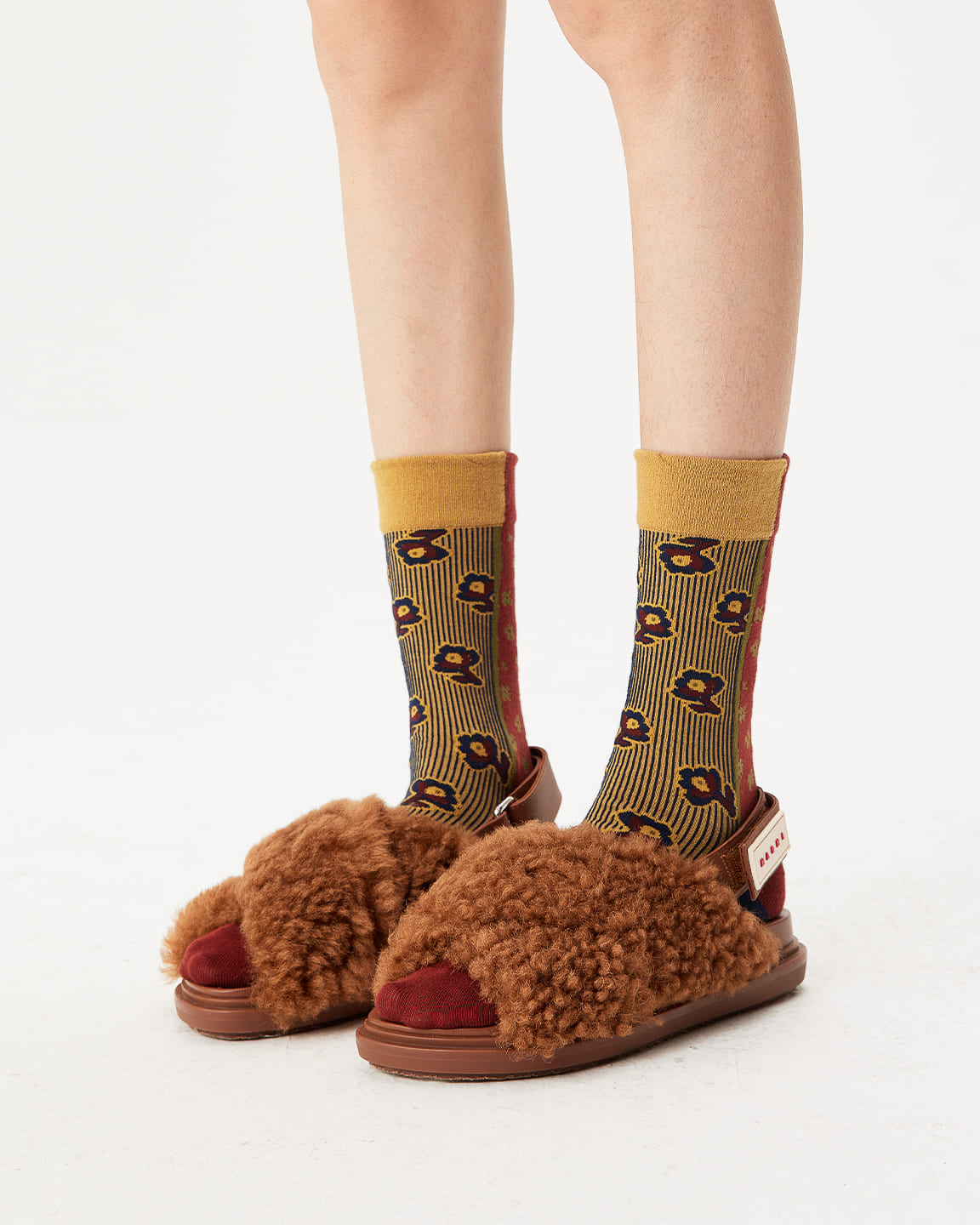 Retro Red-Yellow Patterned Cotton Crew Socks