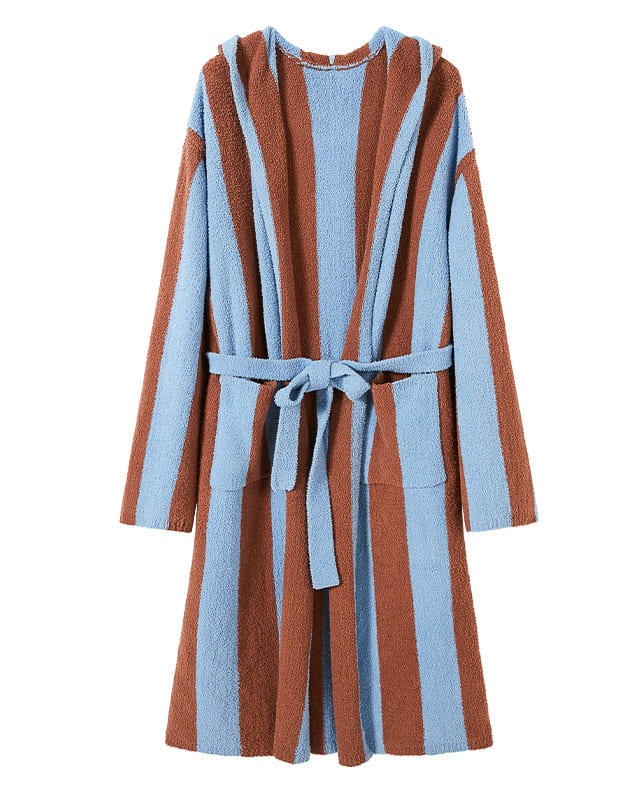 Sky Blue & Brown Striped Loungewear Robe – Unisex Cozy Belted Knit Cardigan