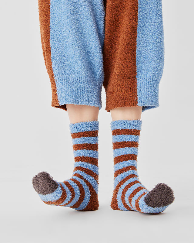 Sky Blue & Brown Striped Loungewear Robe – Unisex Cozy Belted Knit Cardigan