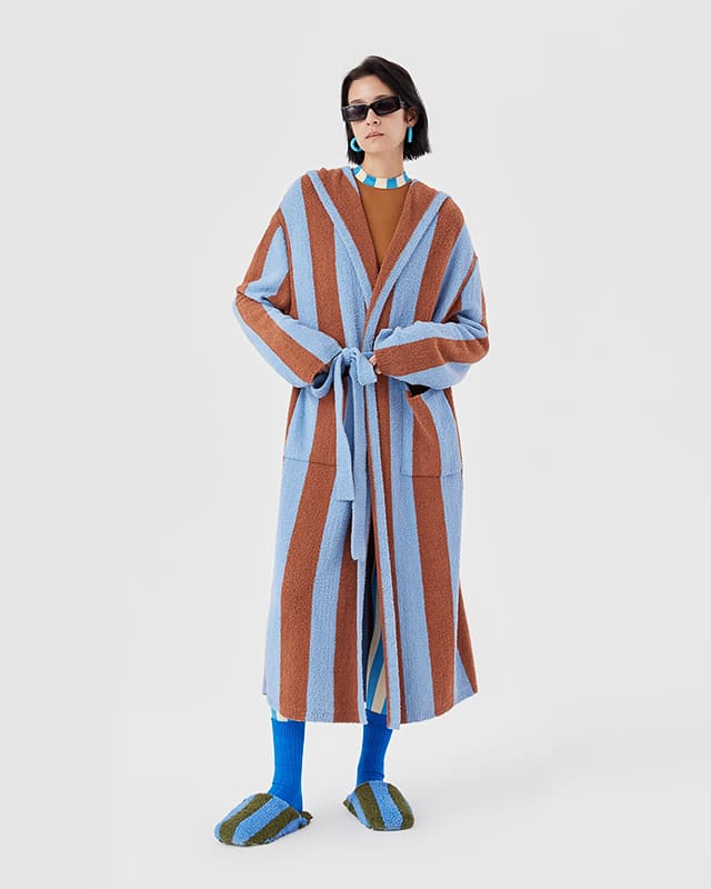 Sky Blue & Brown Striped Loungewear Robe – Unisex Cozy Belted Knit Cardigan