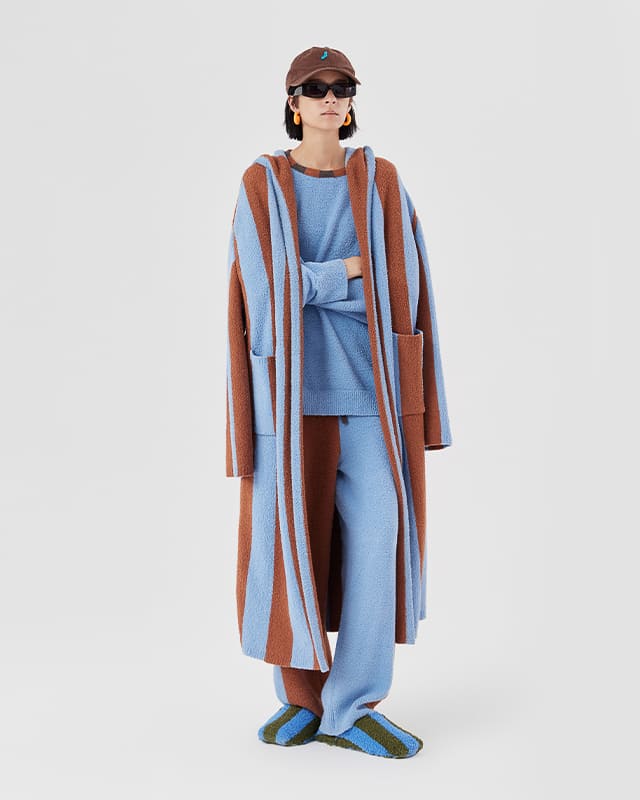 Sky Blue & Brown Striped Loungewear Robe – Unisex Cozy Belted Knit Cardigan