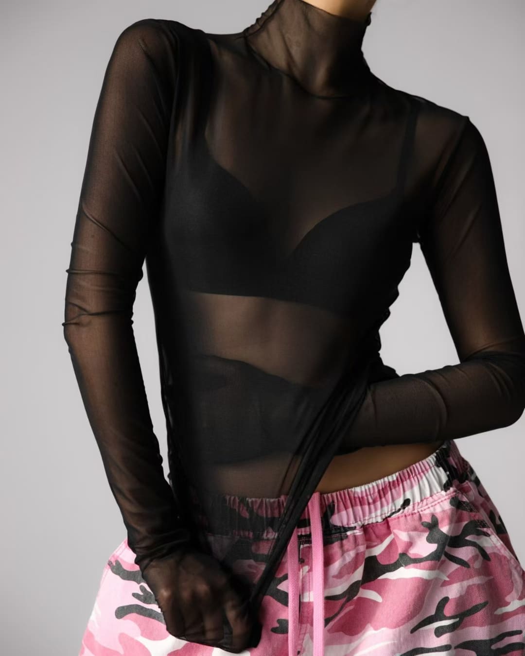 Sheer Black Mesh Turtleneck Long Sleeve Top – Sexy Transparent Layering Blouse