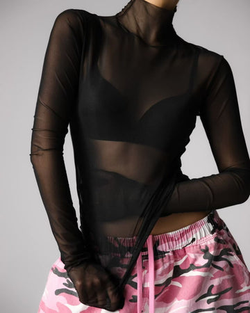 Sheer Black Mesh Turtleneck Long Sleeve Top – Sexy Transparent Layering Blouse