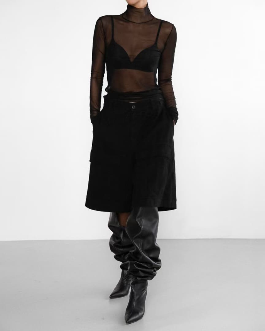 Sheer Black Mesh Turtleneck Long Sleeve Top – Sexy Transparent Layering Blouse