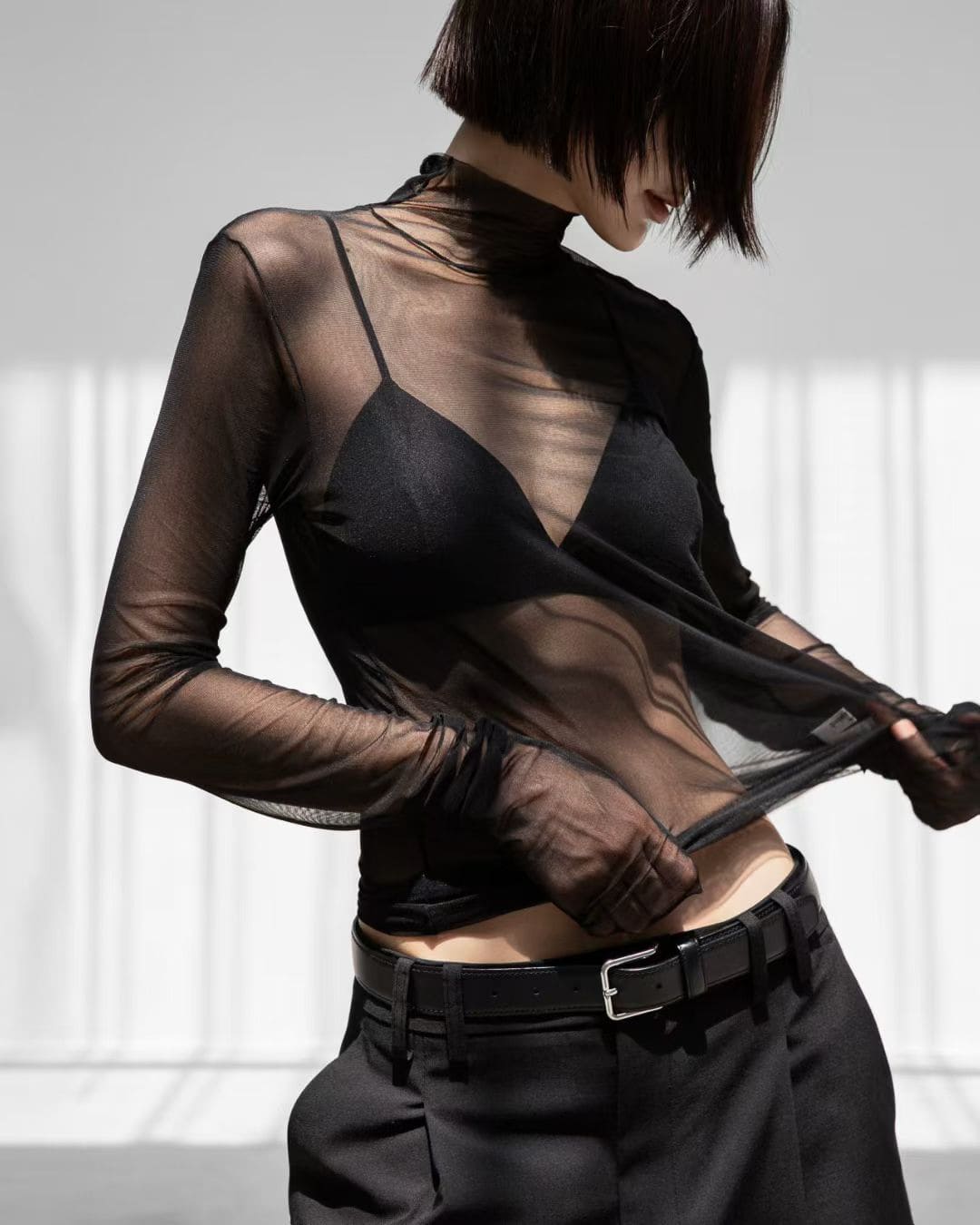 Sheer Black Mesh Turtleneck Long Sleeve Top – Sexy Transparent Layering Blouse