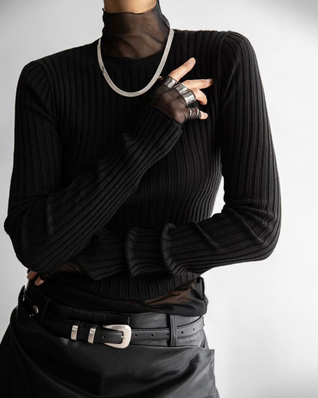 Sheer Black Mesh Turtleneck Long Sleeve Top – Sexy Transparent Layering Blouse