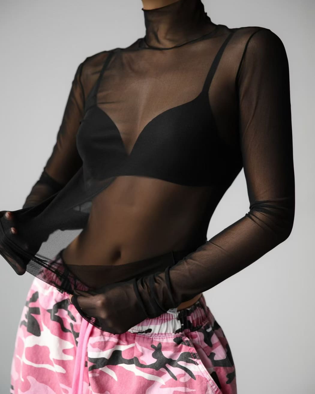 Sheer Black Mesh Turtleneck Long Sleeve Top – Sexy Transparent Layering Blouse