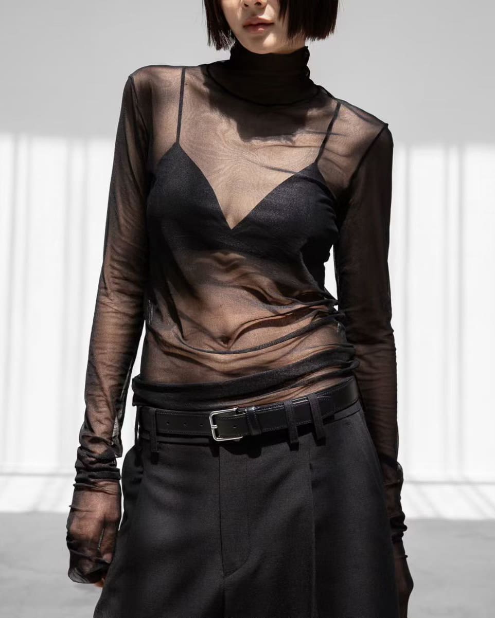 Sheer Black Mesh Turtleneck Long Sleeve Top – Sexy Transparent Layering Blouse