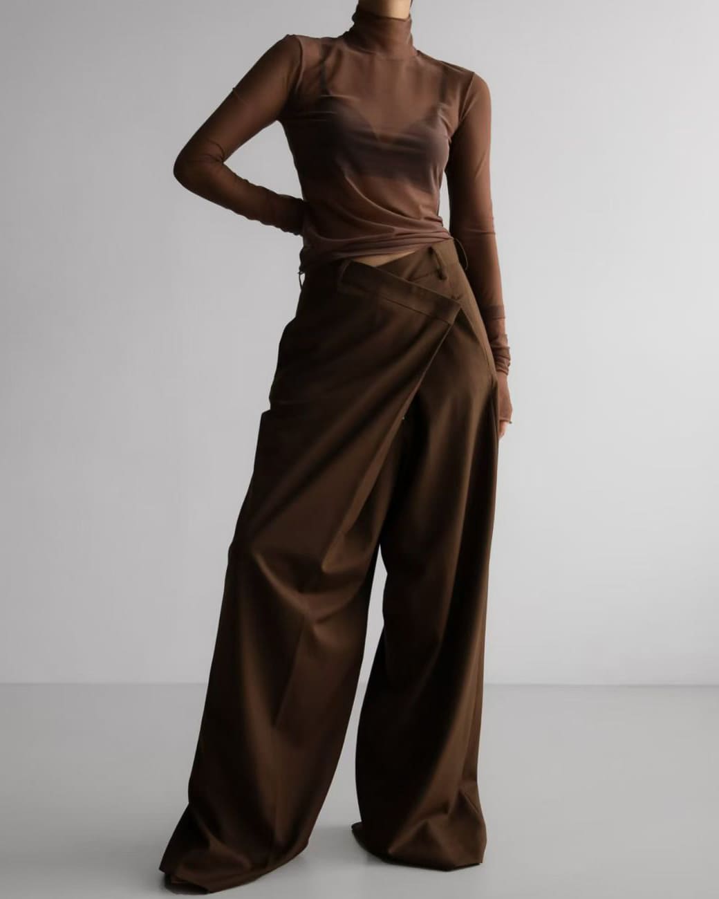 Sheer Mesh Mock Neck Top – Coffee Brown Long Sleeve See-Through Blouse