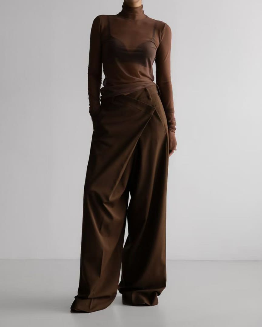 Sheer Mesh Mock Neck Top – Coffee Brown Long Sleeve See-Through Blouse