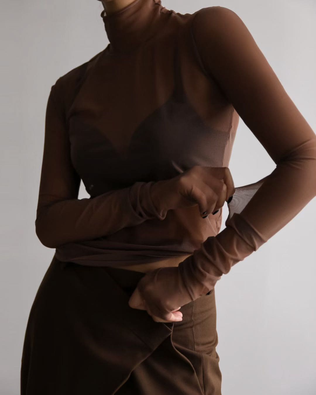 Sheer Mesh Mock Neck Top – Coffee Brown Long Sleeve See-Through Blouse