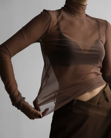 Sheer Mesh Mock Neck Top – Coffee Brown Long Sleeve See-Through Blouse