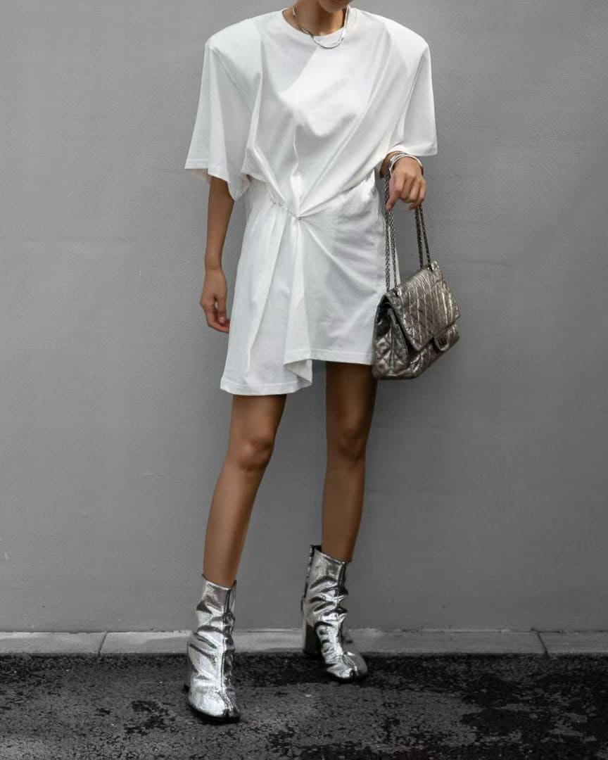 Minimalist Pinched Waist Tee Dress – Casual Loose Fit White Dress