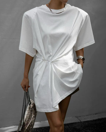 Minimalist Pinched Waist Tee Dress – Casual Loose Fit White Dress