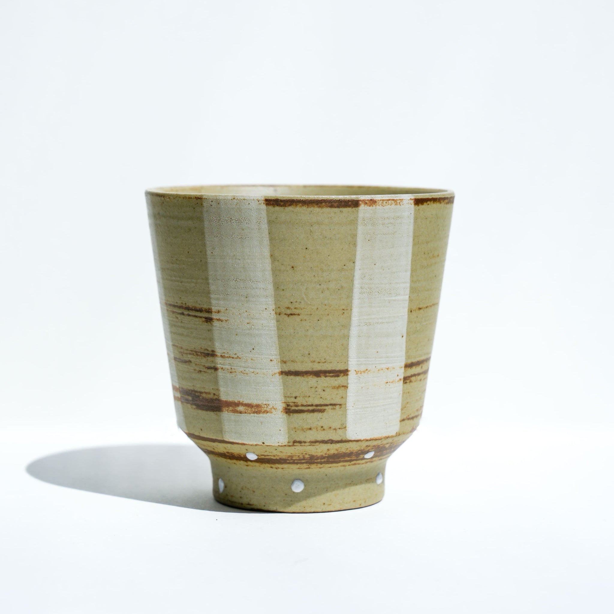 Handmade Ceramic Cup – Rustic Beige Brown Striped Pottery Tumbler with White Dot Accents