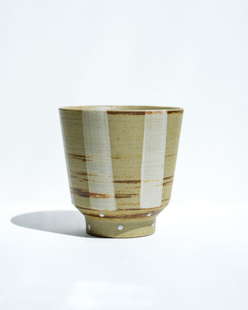 Handmade Ceramic Cup – Rustic Beige Brown Striped Pottery Tumbler with White Dot Accents