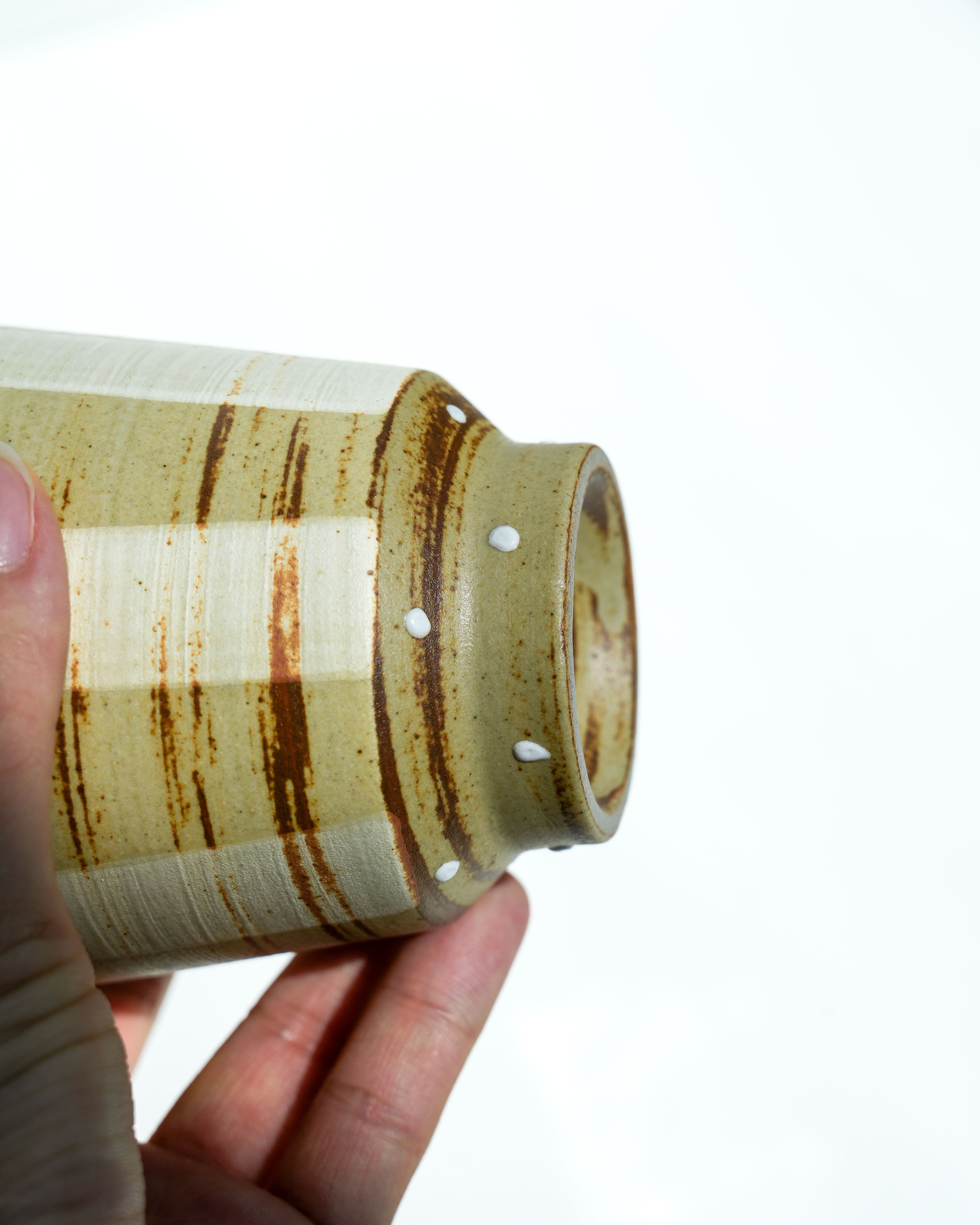 Handmade Ceramic Cup – Rustic Beige Brown Striped Pottery Tumbler with White Dot Accents
