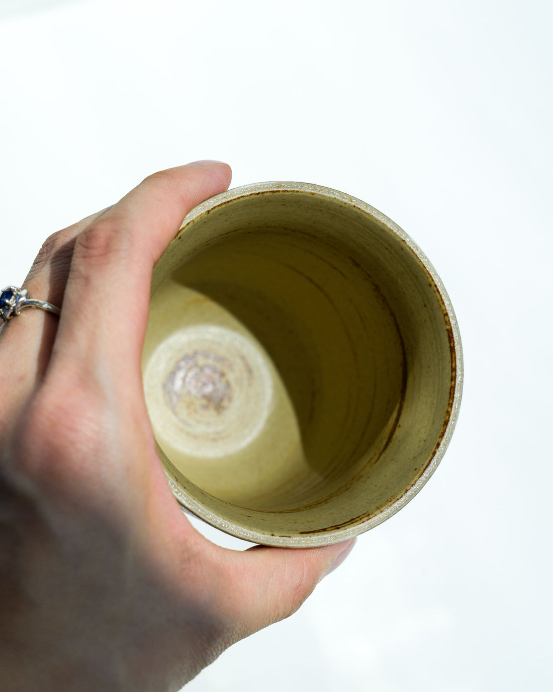 Handmade Ceramic Cup – Rustic Beige Brown Striped Pottery Tumbler with White Dot Accents