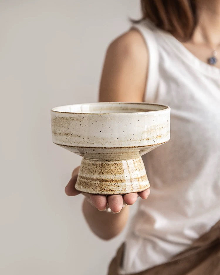 Handmade Ceramic Pedestal Bowl – Japanese Rustic Dessert & Fruit Dish