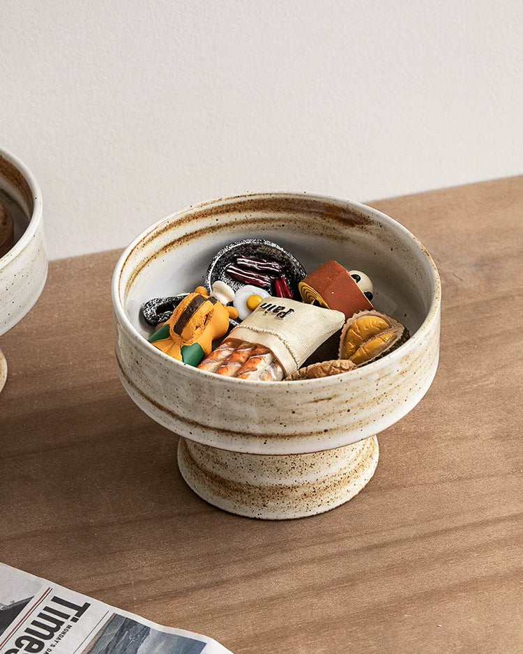 Handmade Ceramic Pedestal Bowl – Japanese Rustic Dessert & Fruit Dish