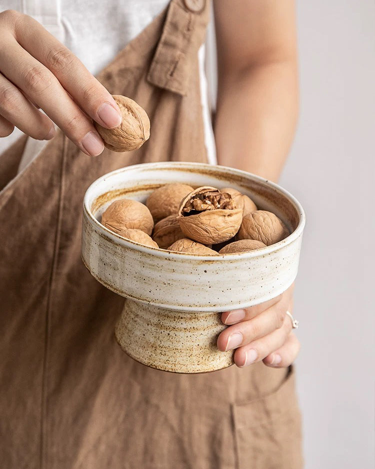 Handmade Ceramic Pedestal Bowl – Japanese Rustic Dessert & Fruit Dish