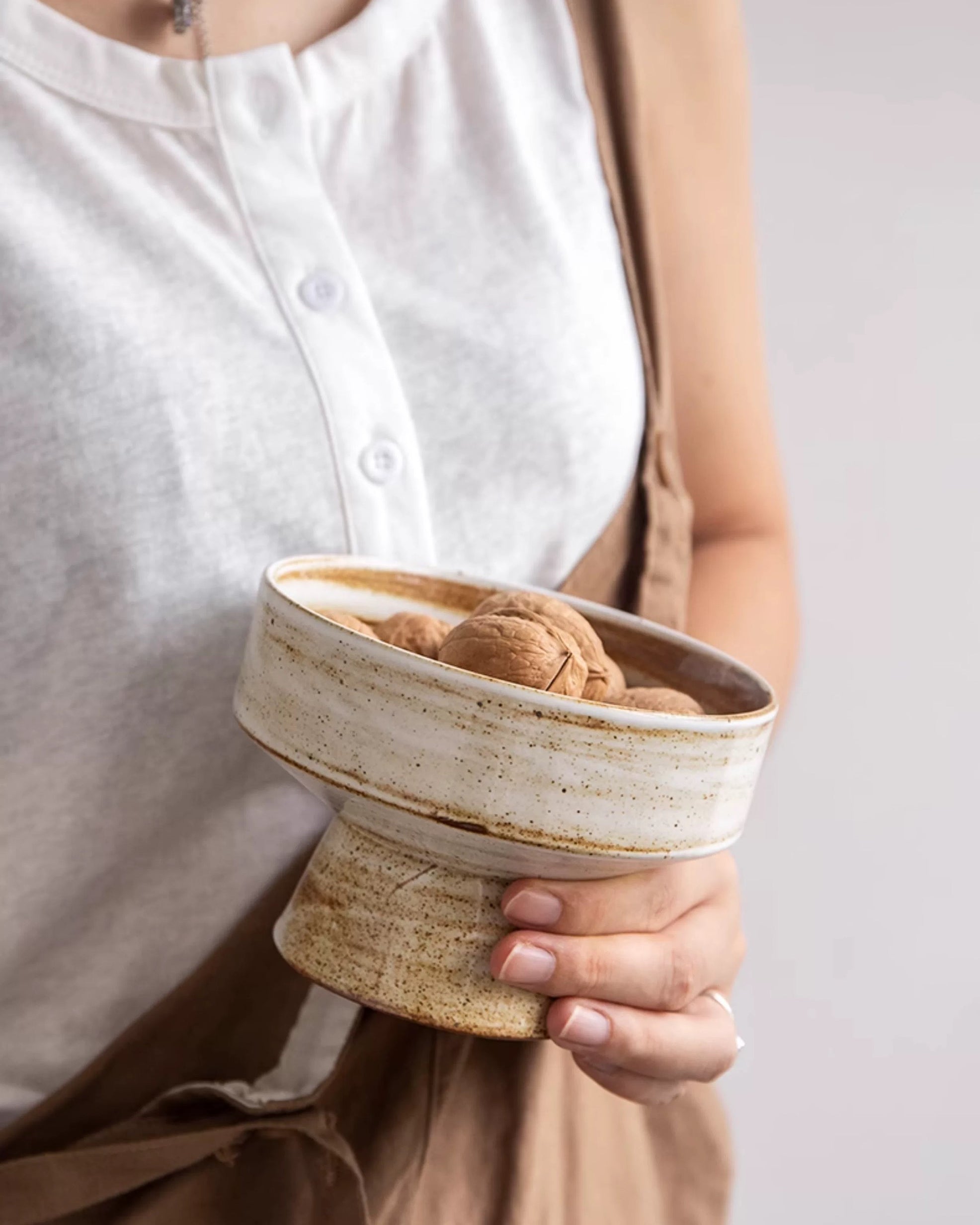 Handmade Ceramic Pedestal Bowl – Japanese Rustic Dessert & Fruit Dish