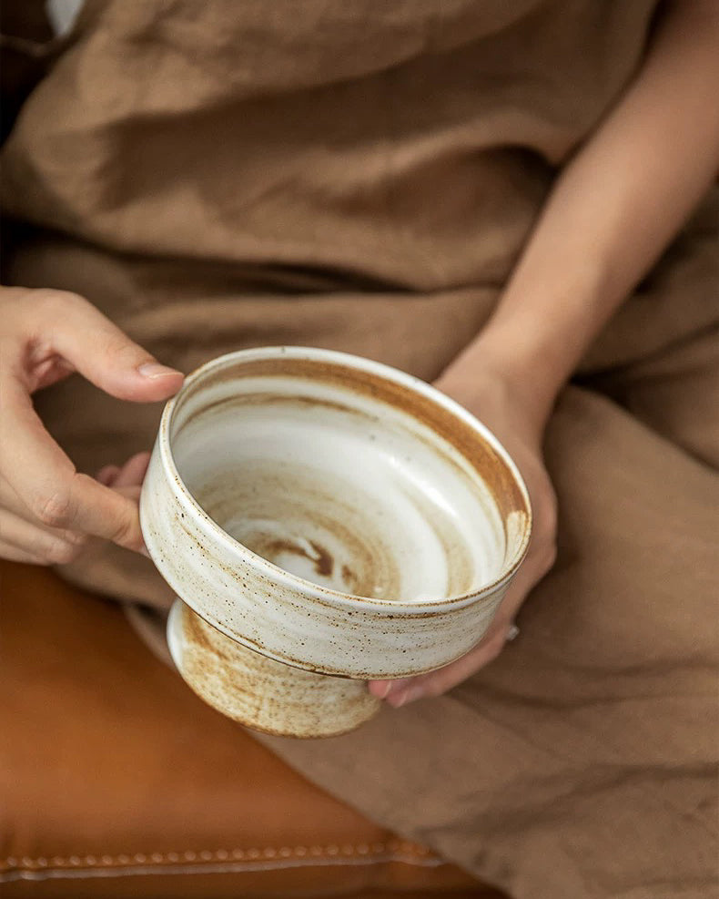 Handmade Ceramic Pedestal Bowl – Japanese Rustic Dessert & Fruit Dish