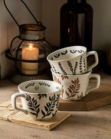 Handmade Rustic Ceramic Mug – Leaf Pattern Pottery Coffee Cup