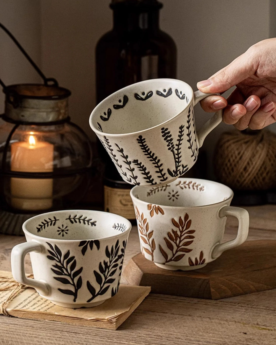 Handmade Rustic Ceramic Mug – Leaf Pattern Pottery Coffee Cup