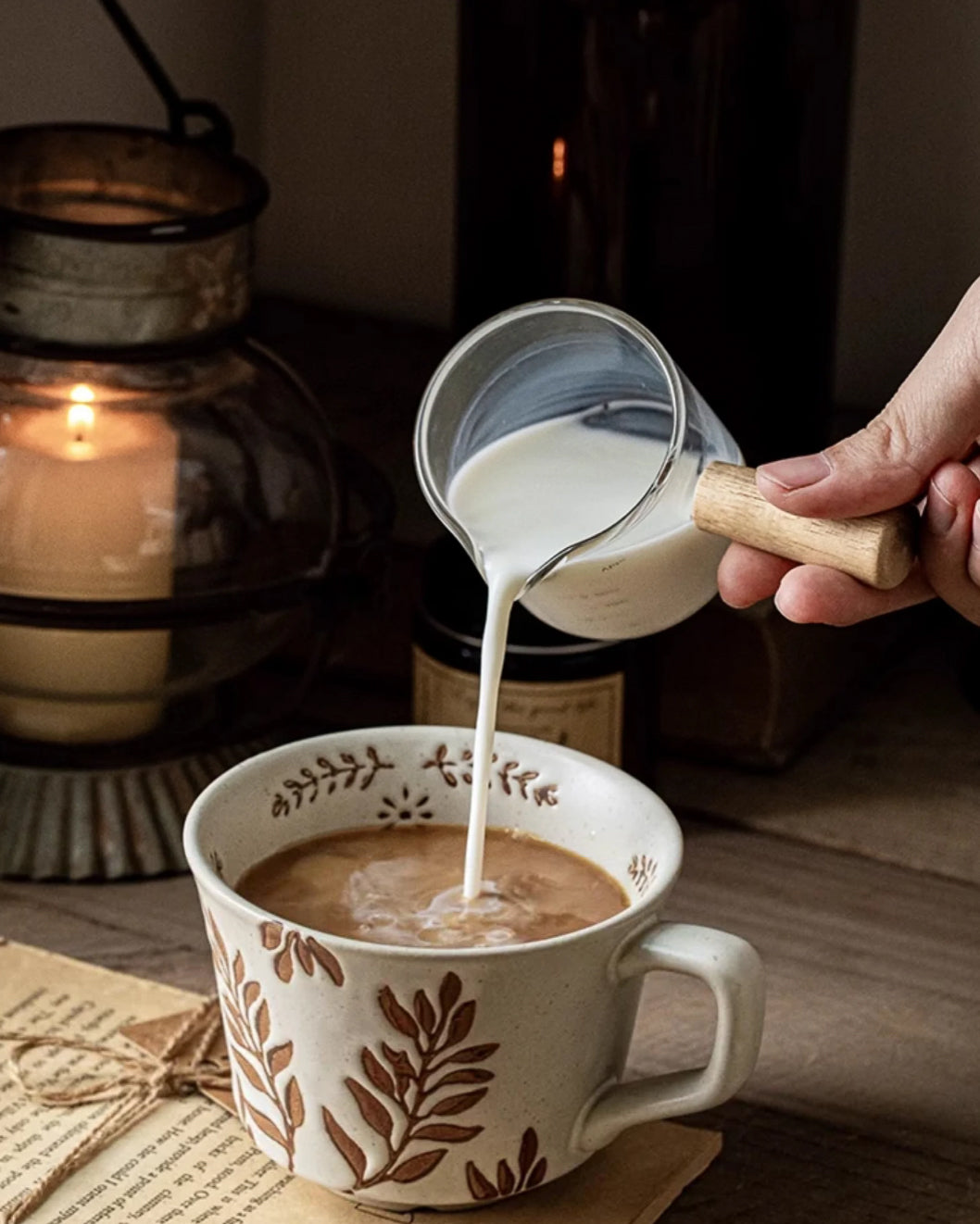 Handmade Rustic Ceramic Mug – Leaf Pattern Pottery Coffee Cup