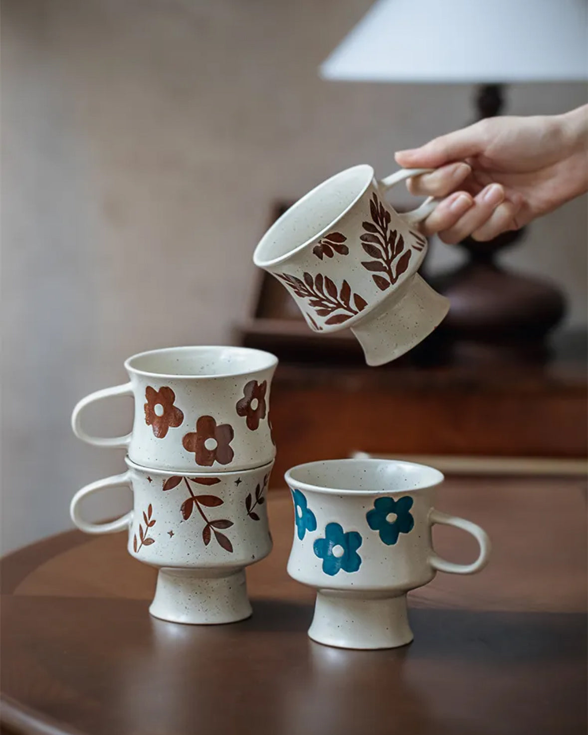 Handmade Vintage Ceramic Mug – Floral Pottery Pedestal Cup