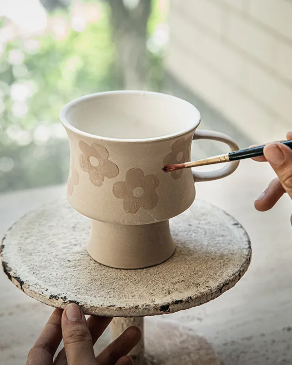 Handmade Vintage Ceramic Mug – Floral Pottery Pedestal Cup