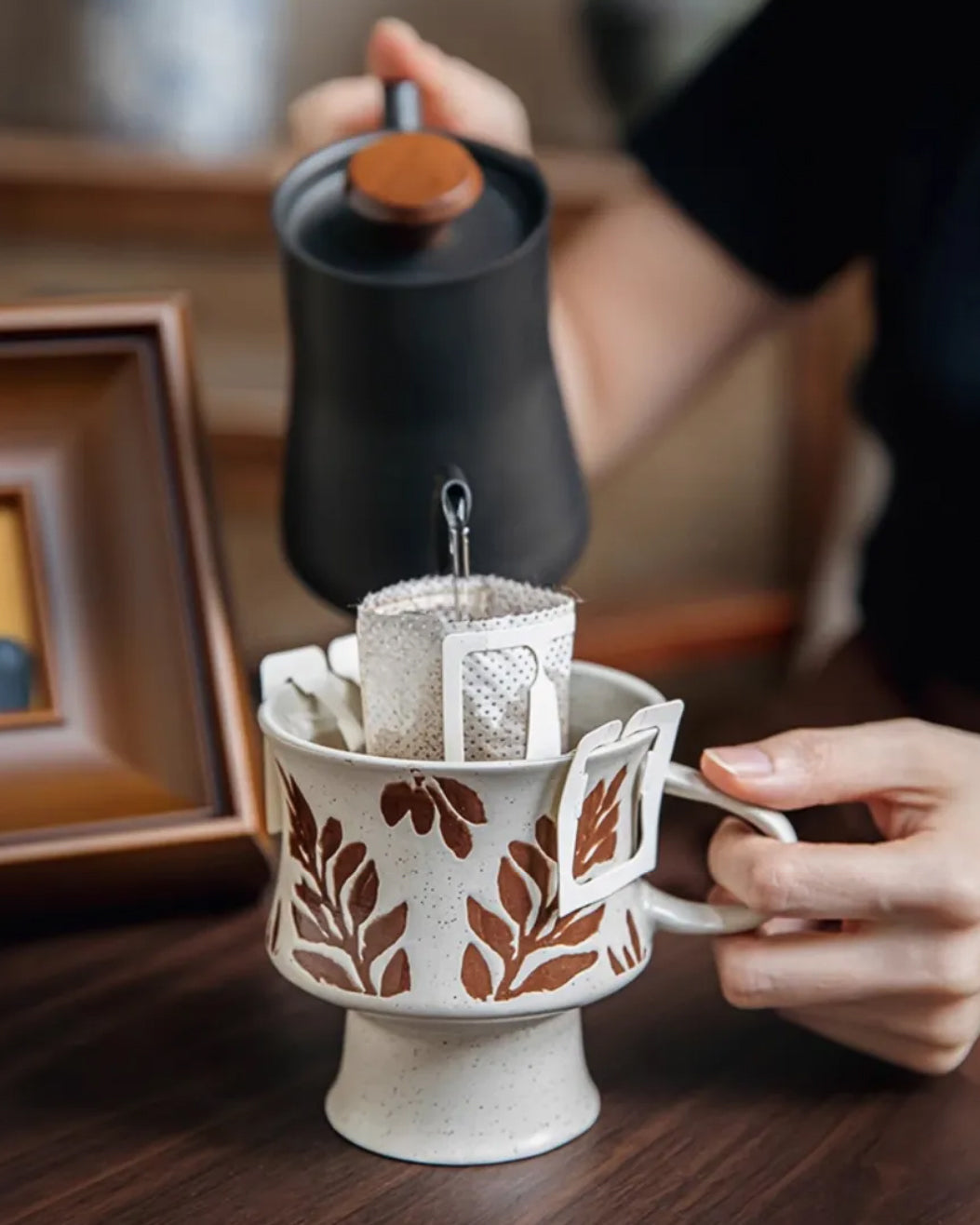 Handmade Vintage Ceramic Mug – Floral Pottery Pedestal Cup