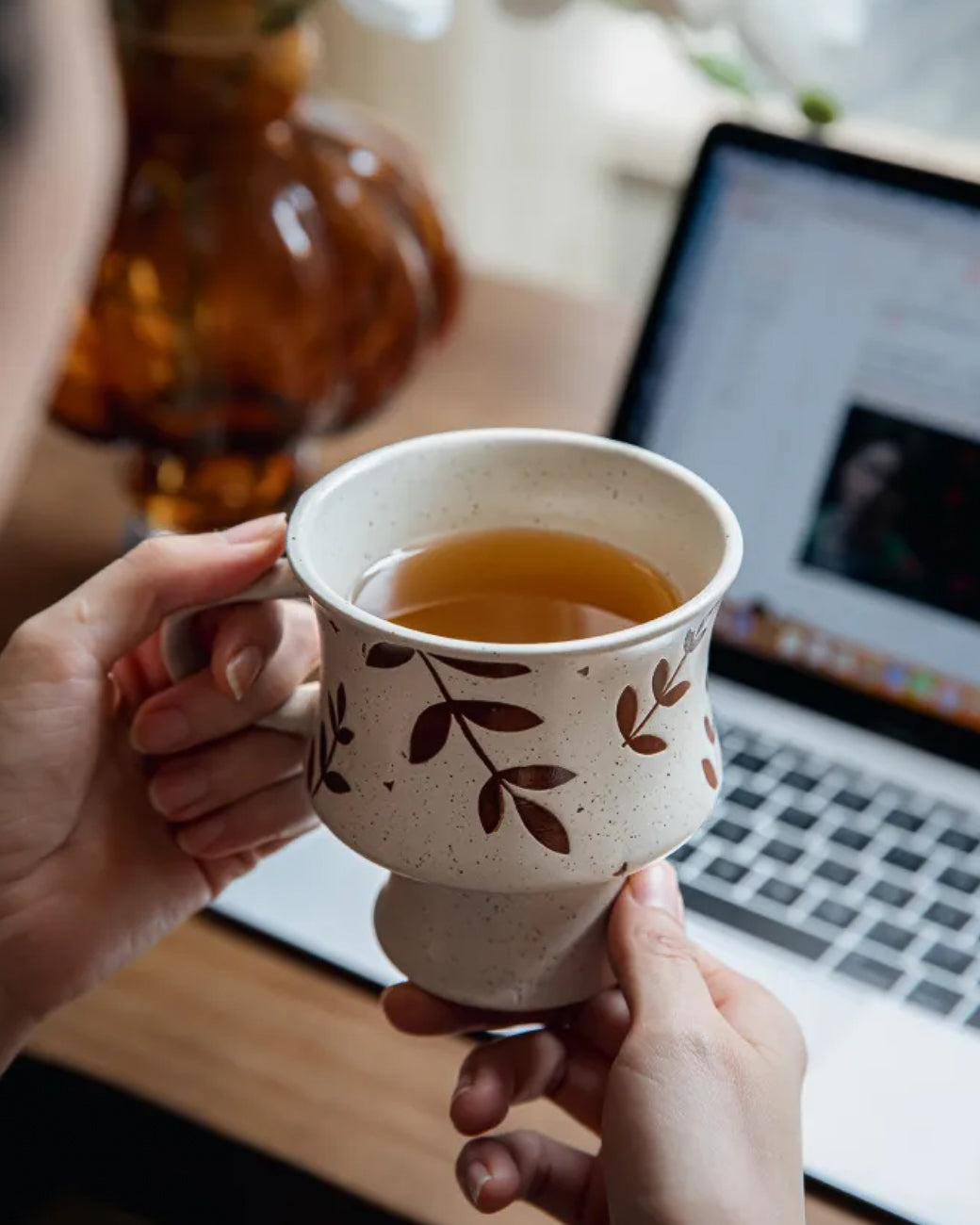 Handmade Vintage Ceramic Mug – Floral Pottery Pedestal Cup